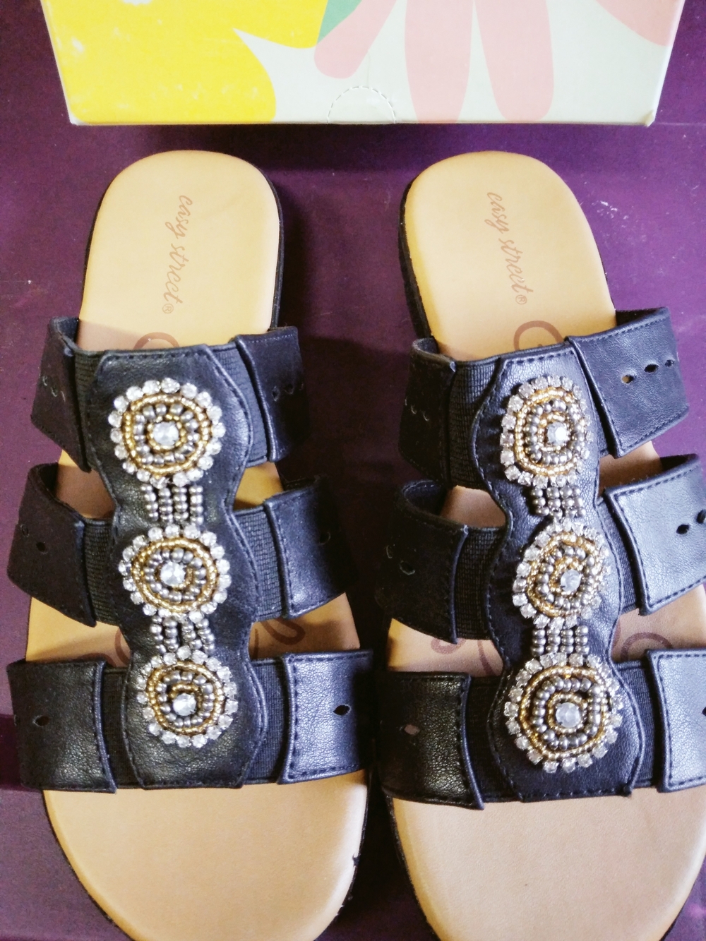 Easy Street Black Beaded Triple-Strap Slide Sandals Size 8 1/2